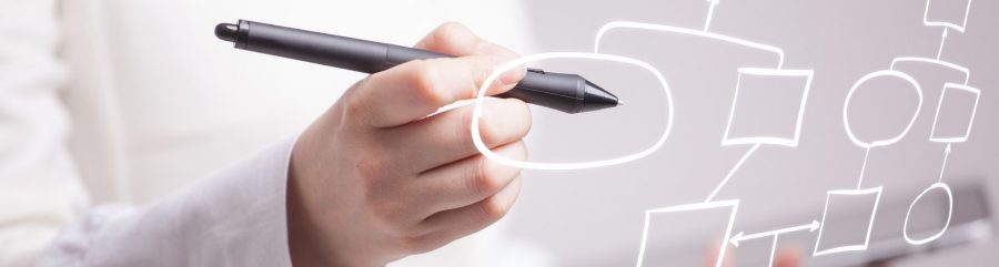 Businesswoman drawing flowchart, business process concept on grey background.