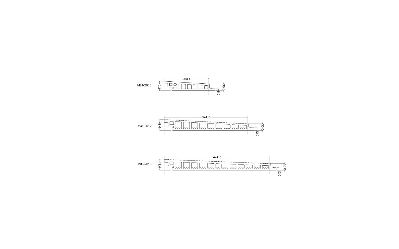 A collection of technical drawings with information on area, weight and maximum length.